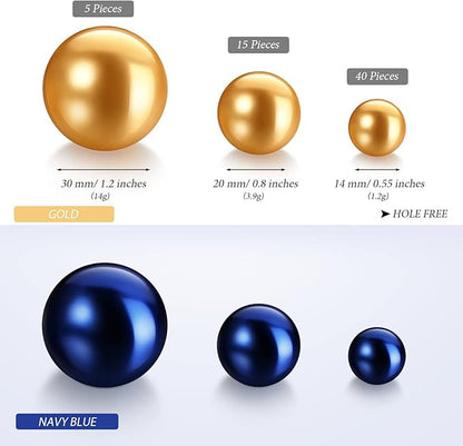 Hicarer 120 Pieces Pearl for Vase Filler Pearl Bead Vase Centerpieces Brush Holder Assorted Round Faux Bead for Crafting, Home Wedding Table Decor 14/20/30 mm(Navy Blue, Gold)