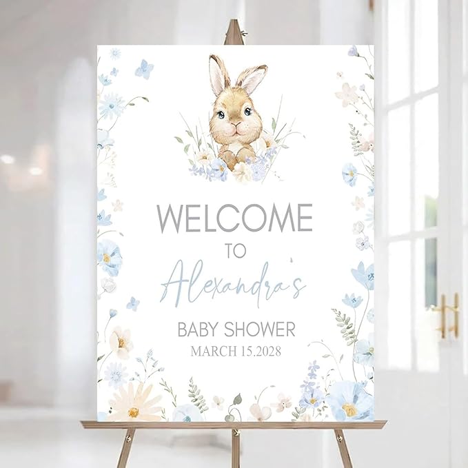 Personalized Bunny Rabbit Baby Shower Welcome Sign for Girl, Pink Peter Rabbit Theme, Greenery Bunny baby shower sign, Gift for Boys & Girls, Gender Reveal Decor, Birthday Party Favors (Style 2)