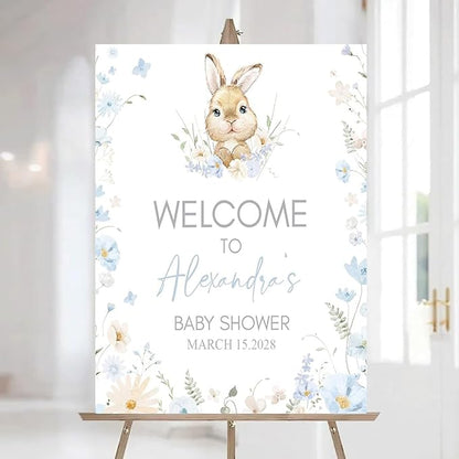 Personalized Bunny Rabbit Baby Shower Welcome Sign for Girl, Pink Peter Rabbit Theme, Greenery Bunny baby shower sign, Gift for Boys & Girls, Gender Reveal Decor, Birthday Party Favors (Style 2)