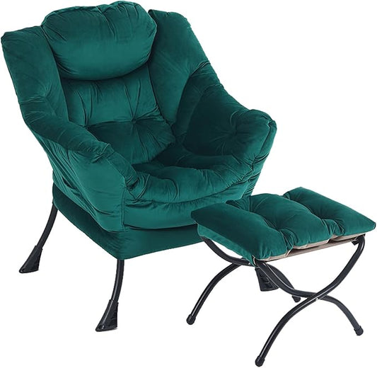 LITA Lazy Chair with Ottoman, Modern Accent Leisure Upholstered Sofa Chair, Contemporary Lounge Reading Chairs with Armrests and a Side Pocket for Living Room, Bedroom & Small Space, Dark Green