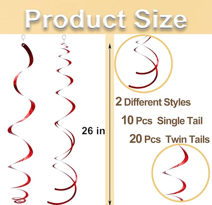 30 pcs Red Hanging Swirls Decorations Swirl Party Decorations Plastic Party Streamer for Ceiling, 26"