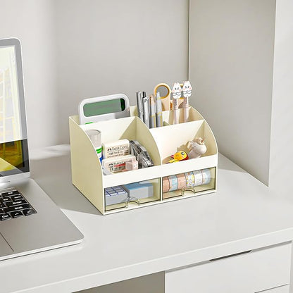 Desk Organizer with 6 Compartments and 2 Drawers, Plastic Makeup Organizer, Pen Holder for Desktop Storage, Desk Organization for School, Home, Office Supplies (Ivory)