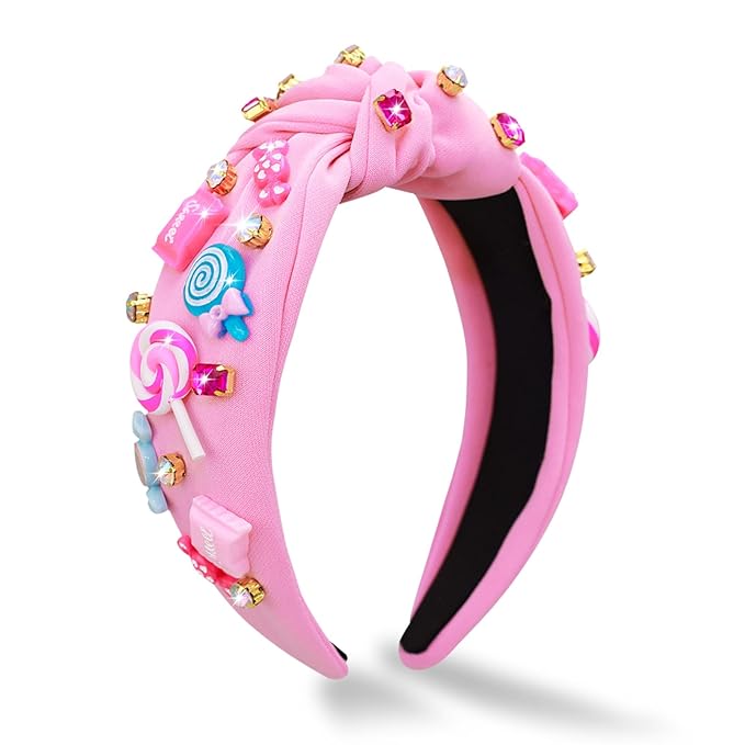 Candy Knotted Headband for Women, Lollipop Sugar Charms Rhinestone Jeweled Embellished Top Knot Wide Cute Headband for Girls, Fashion Hairband Hair Accessories Birthday Holiday Party Gift - Pink