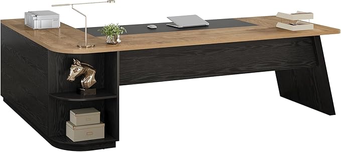 Tribesigns 79-Inch Executive Desk, Large Office Desk with Cabinet, L-Shaped Compter Desk with Storage Shelves, Writing Table for Home Office, Natural Oak and Black