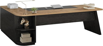 Tribesigns 79-Inch Executive Desk, Large Office Desk with Cabinet, L-Shaped Compter Desk with Storage Shelves, Writing Table for Home Office, Natural Oak and Black