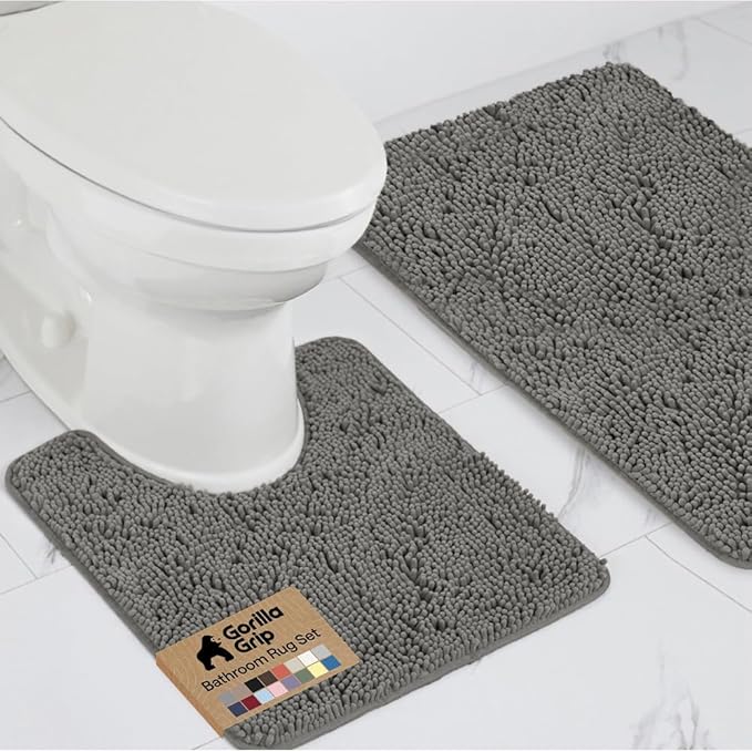 GORILLA GRIP Bathroom Rug Sets, Soft Chenille 2 Piece Area Rugs Set, Toilet Base Mat and 30x20 Carpet, Absorbent Microfiber Washable Mats Dry Quickly, Home Décor and Bath Room Accessories, Charcoal