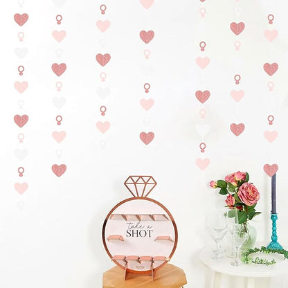 Rose-Gold Pink White Heart-Ring Garland - 52Ft Engagement Bachelorette Party Decorations Wedding Paper Streamers Banner,Galentines Proposal Decor Lasting Surprise