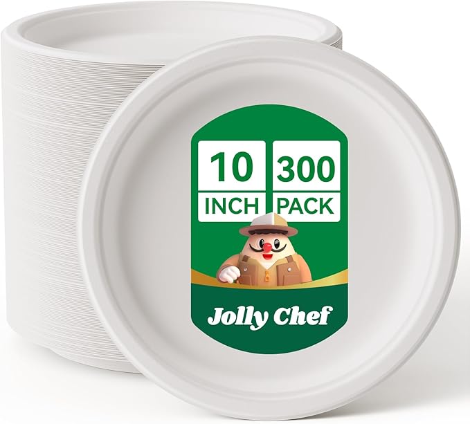 JOLLY CHEF Compostable Heavy Duty Plates 𝟭𝟬 𝗜𝗻𝗰𝗵 [𝟯𝟬𝟬 𝗣𝗮𝗰𝗸] Eco-Friendly Disposable White Paper Plates Made of Bagasse Biodegradable Bulk for Party Dinner Sugarcane Lunch Christmas