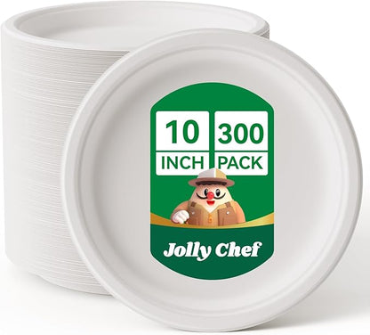 JOLLY CHEF Compostable Heavy Duty Plates 𝟭𝟬 𝗜𝗻𝗰𝗵 [𝟯𝟬𝟬 𝗣𝗮𝗰𝗸] Eco-Friendly Disposable White Paper Plates Made of Bagasse Biodegradable Bulk for Party Dinner Sugarcane Lunch Christmas