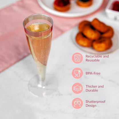 Prestee Set of 24 Plastic Champagne Flutes with Rose Gold Rim - 4.5 oz - Shatterproof Disposable Glasses - Elegant Design - Ideal for Weddings, Cocktail Parties, and Outdoor Celebrations