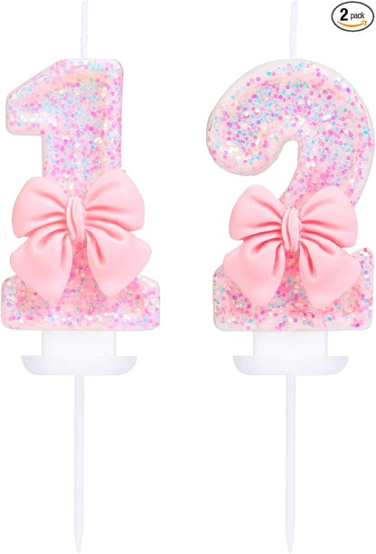 Number 12 Candle Pink Sequins and Bowtie 12th Cake Topper, 12 Birthday Candle for Girls Pastel Sweet Theme Birthday Party or Adults Milestone Age Decoration