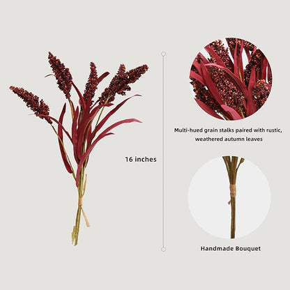 KBREE 16" Artificial Fall Grain Bundles for Thanksgiving Decoration, 4 Packs Rustic Harvest Sheaves with Aged Leaves, Faux Grain Bouquets for Thanksgiving Table Centerpiece, Farmhouse Decor (Claret)