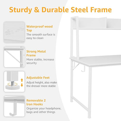 DLisiting White Computer Desk with Hutch & Drawers - Office Desk with 3 Storage Drawers and Power Outlets, 47 Inch Modern Study Writing Desk for Bedroom Home Office