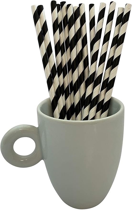 3,200 Count | Kingseal FSC Certified Disposable Paper Drinking Straws, Paper Wrapped, 7.75" Length x 6mm Diameter, Black Swirl Stripe, Biodegradable, Earth Friendly, Bulk Pack - 8 Boxes x 400 Straws