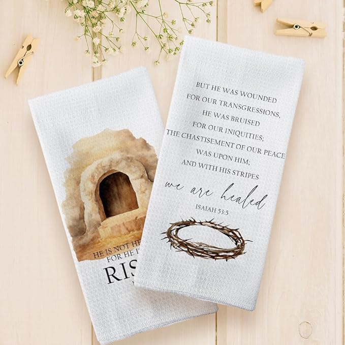 He is Risen Easter Kitchen Towels Set of 2, Christian Easter Hand Towels, EasterBible Verse Dish Towels Tea Towels for Kitchen, Religious EasterGifts, EasterKitchen Bathroom Decor, 16x24 Inch