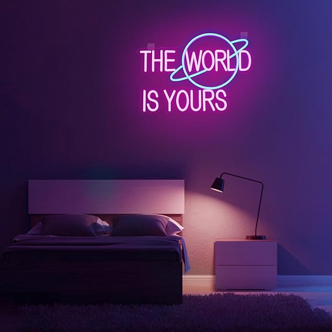 The World is Yours Neon Sign for Wall Decor Dimmable Pink Led Lights Signs for Bedroom Letters Neon Light for Office Game Room Man Cave Graduation Party Wedding Decor Birthday Gift for Girl