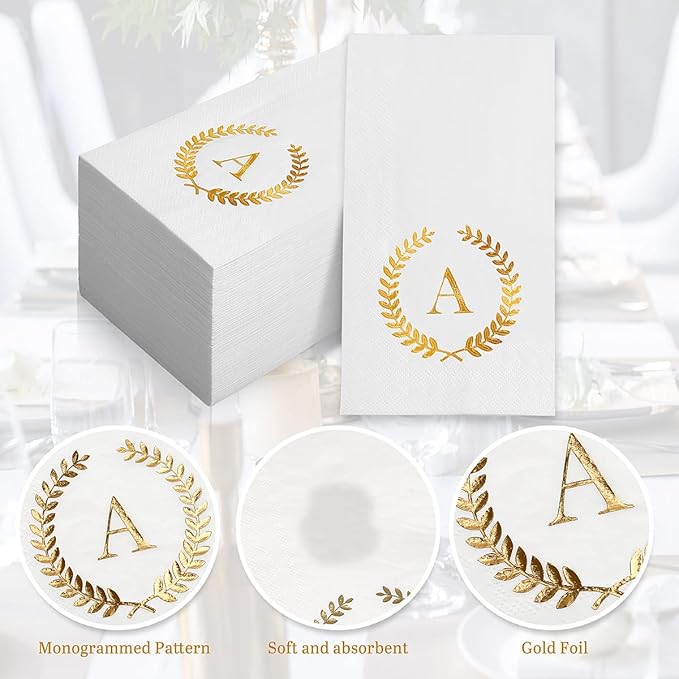 200 Pack Monogrammed Disposable Napkins Gold Foil Letter A Guest Napkins Initial Disposable Hand Paper Towels for Wedding Engagement Baby Shower Party Home Kitchen Bathroom Dinner Decorative Towels