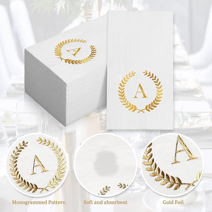 200 Pack Monogrammed Disposable Napkins Gold Foil Letter A Guest Napkins Initial Disposable Hand Paper Towels for Wedding Engagement Baby Shower Party Home Kitchen Bathroom Dinner Decorative Towels