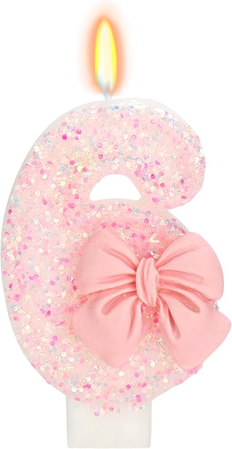 Birthday Candle for Cake, 6 Candle - Pink Glitter with Bowknot, 2.76 inch Happy Birthday Candle, Cake Topper Decoration for 6 Years Old Birthday Party (Number 6)