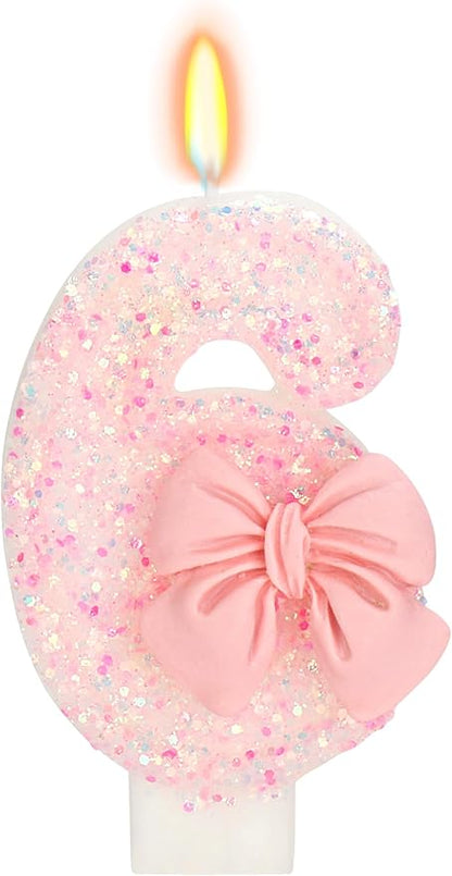 Birthday Candle for Cake, 6 Candle - Pink Glitter with Bowknot, 2.76 inch Happy Birthday Candle, Cake Topper Decoration for 6 Years Old Birthday Party (Number 6)