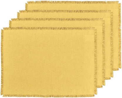 Solino Home Fringe Linen Placemats Set of 4 - Marigold Yellow Placemats 14 x 19 Inch - 100% Pure Linen Table Mats