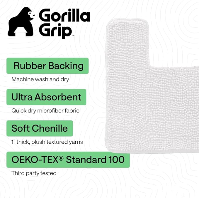 GORILLA GRIP Bathroom Rug Sets, Soft Chenille 2 Piece Area Rugs Set, Toilet Base Mat and 30x20 Carpet, Absorbent Microfiber Washable Mats Dry Quickly, Home Décor and Bath Room Accessories, White