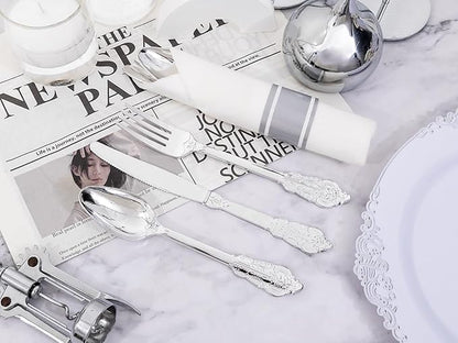 400PCS Pre Rolled Silver Plastic Silverware Sets - Heavy Duty Fancy Silver Cutlery - Include 100 Pack Wrapped Disposable Utensils with Napkins for Parties, Dinners & Weddings
