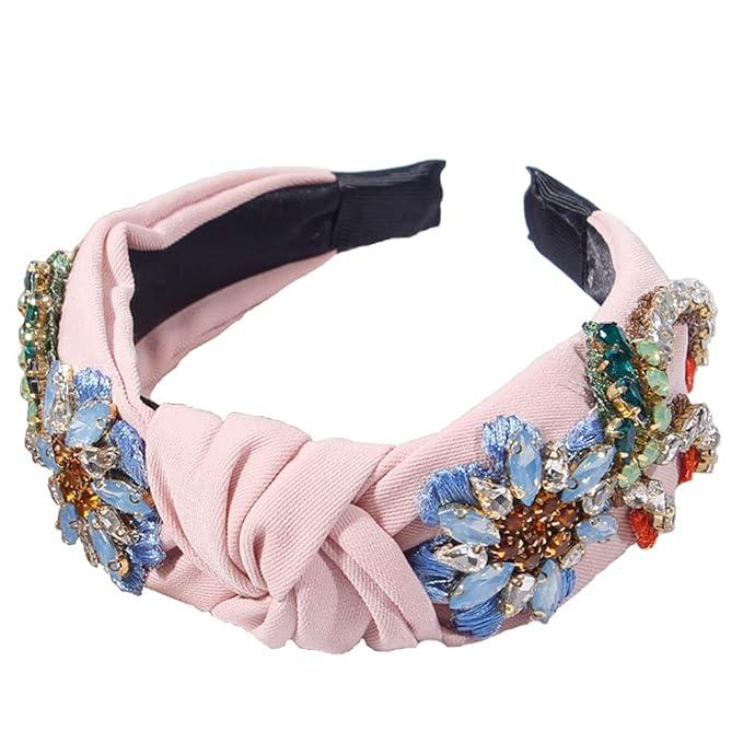Yusier Baroque Rhinestone Crystal Hairband. 6.1in High, 5.31in Wide, Elastic Material, Exquisite Embroidery, Colorful Rhinestones. Embroidered Hair Hoop for Women. Pink. (1 Count)