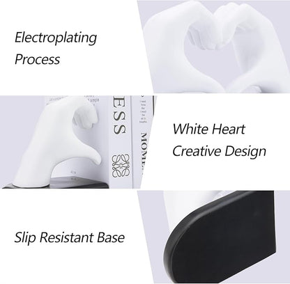 White Bookends, Heavy Duty Bookend Holder Decor, Finger Heart Shaped, Modern Art Sculpture, Bookends Decorative, Boho Decor for Desktop Bedroom Study Room(White)
