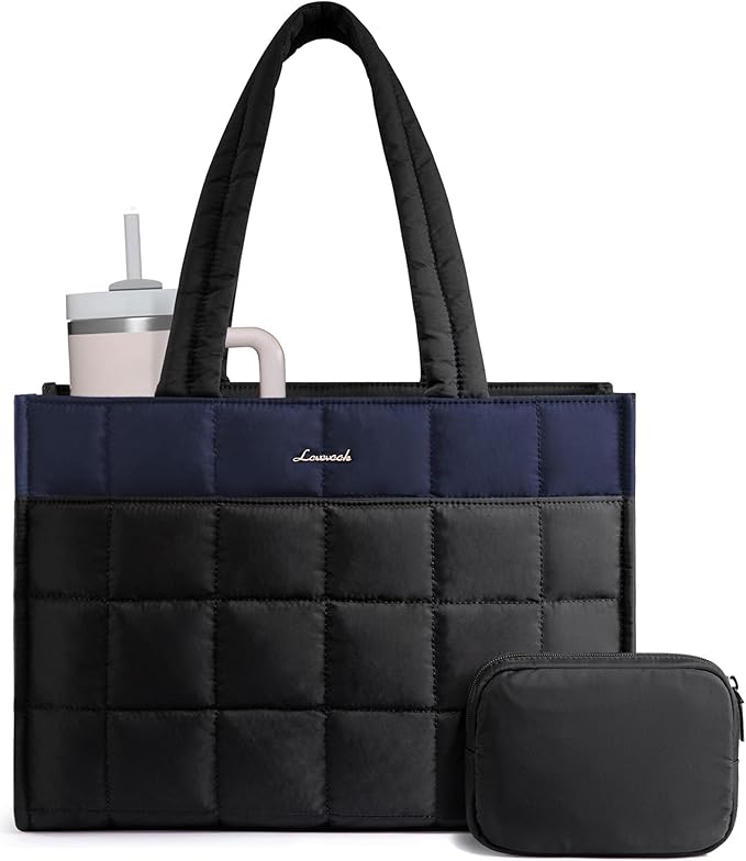 LOVEVOOK Tote Bag for Women, Puffer Work Handbag 15.6 Inch Laptop Purse for Nurse Teacher, Large Quilted Travel Tote Shoulder Bag with Zipper for College Office Clinical Gym, Dark Blue-black