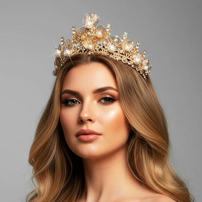 Catery Gold Leaf Crown Pearl Tiaras Bridal Headband Rhinestone Vintage Headpiece for Women