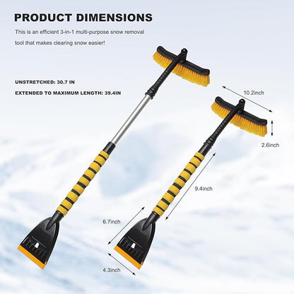39" Snow Brush & Ice Scraper for Car Windshield, 2-in-1 Detachable Ice Scraper with 360° Pivoting Brush Head, Extendable Snow Removal Tool Winter Accessories for Cars Trucks SUVs (Yellow)