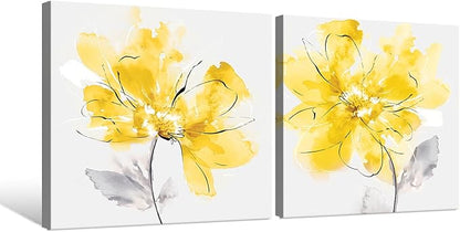 SEVEN WALL ARTS Yellow Flowers Wall Art 2 pcs Floral Pictures for Bathroom Abstract Canvas Flowers Wall Decor Botanical Poster Print for Living Room Bedroom Home Decor 24"x24"