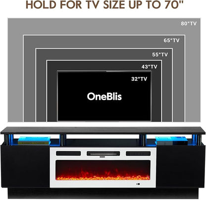 70" TV Stand for Living Room, Modern Entertainment Center & Media Console, Fits TVs up to 80", Storage Cabinet with Shelves, 36" Electric Fireplace with LED Flame