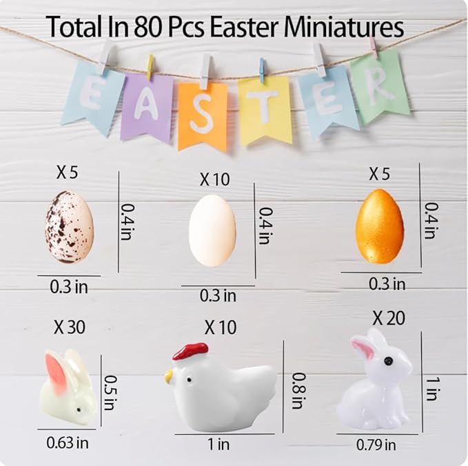 80Pcs Rabbits,Chickens and Eggs Miniature Figurines, Mini Resin Easter Bunny Rabbits Chickens and Easter Eggs for Garden Decor Miniature Ornaments for Dollhouse DIY Cake Home Decor