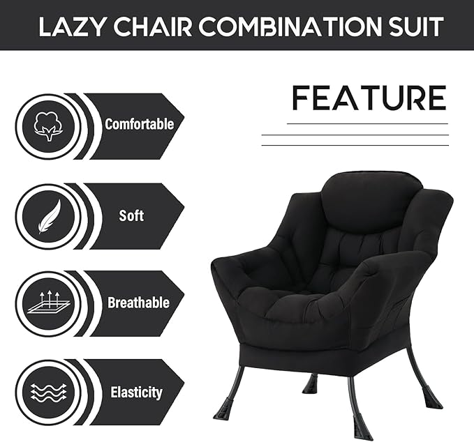 LITA Lazy Chair with Armrests and Side Pocket, Modern Upholstered Accent Reading Chair for Living Room, Bedroom, Dorm, Small Spaces, Single Black