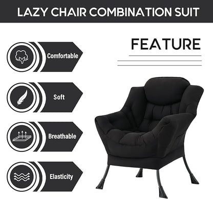 LITA Lazy Chair with Armrests and Side Pocket, Modern Upholstered Accent Reading Chair for Living Room, Bedroom, Dorm, Small Spaces, Single Black