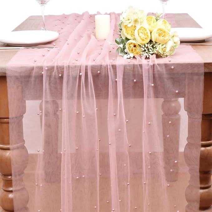 Dusty Rose Pearl Fall Thanksgiving Table Runner Boho Rustic Tulle Lace Table Runner for Baby Shower Wedding Arch Decor Veil Dessert Table Decor
