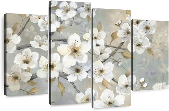 Elephant Stock Golden Garden Wall Art - Horizontal Canvas - 4-Piece Living Room Wall Decor - Leaves Painting Canvas Print - Gray and Beige Decor for Wall by Nan - 43" X 27"