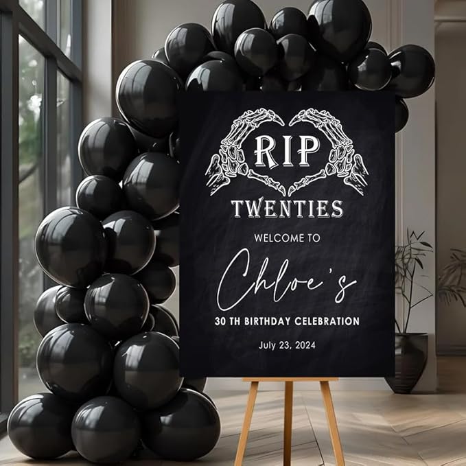 RIP Twenties 30th Birthday Welcome Sign, Personalized Funeral For My Youth Custom Celebration Sign, Chalkboard Skeleton Hands Decor.