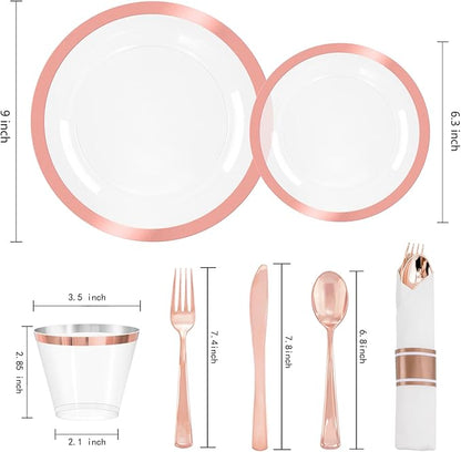 Liacere 350PCS Rose Gold Plastic Plates - Clear with Rose Gold Rim for 50Guests Dinnerware - Include 100 Plates disposable 150 PCS Silverware 50 Napkins for Wedding ＆ Party & Valentine’s Day