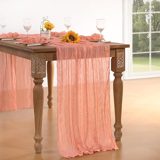 Coral Pink Cheesecloth Table Runner Christmas Table Runner Boho Gauze 120 Inches Coral Cheese Cloth Table Decor for Xmas Holiday Season Parties Wedding Bridal Baby Shower