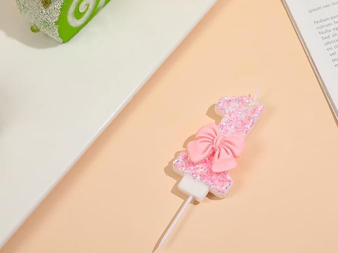 Number 12 Candle Pink Sequins and Bowtie 12th Cake Topper, 12 Birthday Candle for Girls Pastel Sweet Theme Birthday Party or Adults Milestone Age Decoration