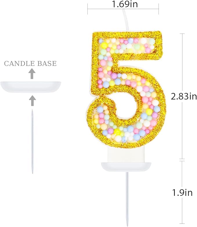 5th Birthday Candle for Cake, Colorful Macaron Numeral Candles for Girls/Boys, Sponge Birthday Party Cake Decorations, Golden Cake Topper(Number 5)