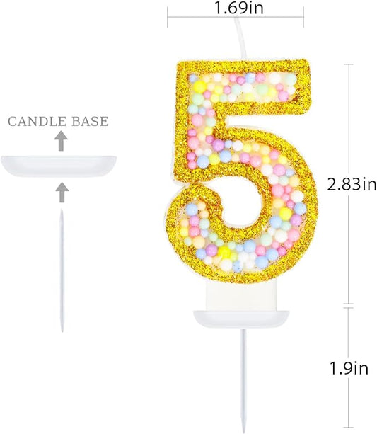 5th Birthday Candle for Cake, Colorful Macaron Numeral Candles for Girls/Boys, Sponge Birthday Party Cake Decorations, Golden Cake Topper(Number 5)