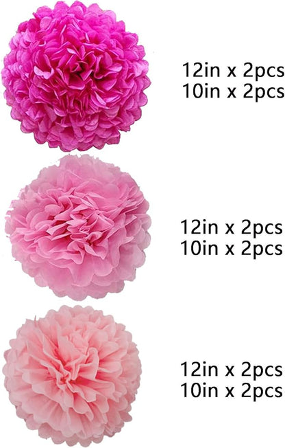 We Moment Hot Pink and Light Pink Paper Pom Poms for Wedding Birthday Party Decoration - Ceiling Wall Hanging Tissue Flowers - 12pcs, 3 Colors of 12 Inch, 10 Inch