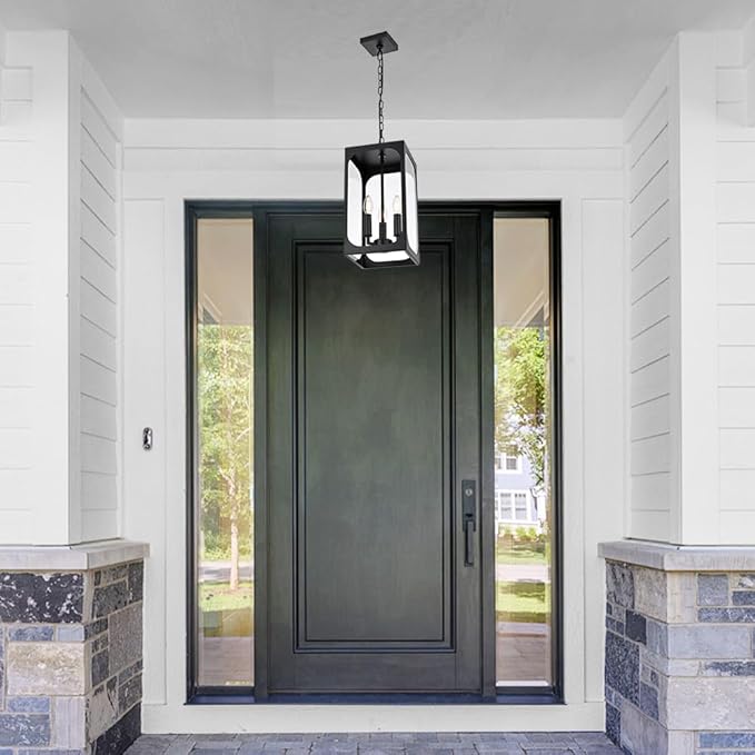 BONLICHT Outdoor Pendant Light 3 Light Modern Outside Chandelier Adjustable Black Exterior Ceiling Hanging Lantern with Clear Glass,Farmhouse Outdoor Pendant Lighting Fixture for Front Door Porch Yard