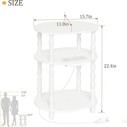 MaxSmeo White Side Table with Charging Station, 3-Tier Small Oval End Table with USB Ports and Outlets, Modern Night Stand Wood Accent Table for Living Room, Bedroom, White