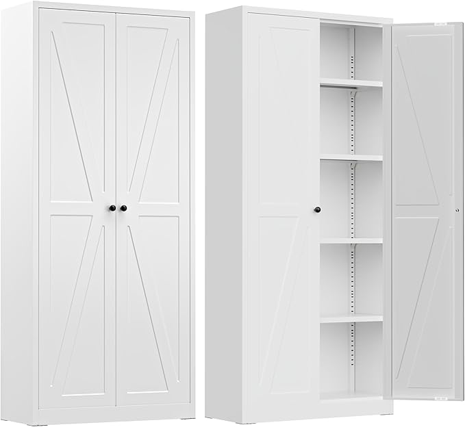 INTERGREAT Metal Storage Cabinet with Magnetic Doors, 63" H Modern Classic Style Metal Cabinets with 2 Doors and 4 Adjustable Shelves for Home Office, Kitchen, Bathroom (White)