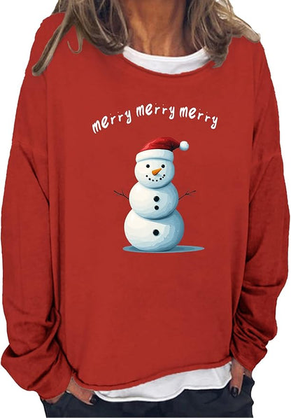 LOAIHA Christmas Shirts for Women Crewneck Snowman Snowflake Santa Graphic Shirts Christmas Tree Long Sleeve Xmas Hoodie